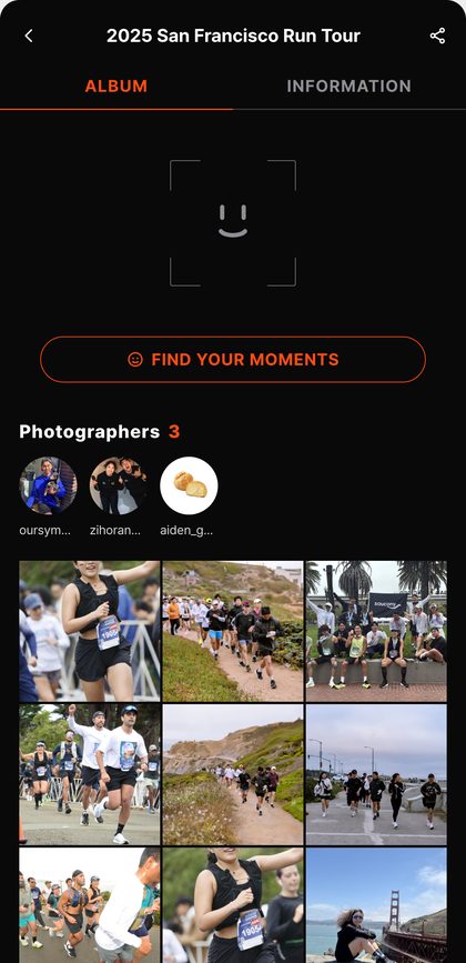 The event album in OURSYMBOL for the 2025 San Francisco Run Tour: a face search button, the three photographers who shot it, and the photo grid